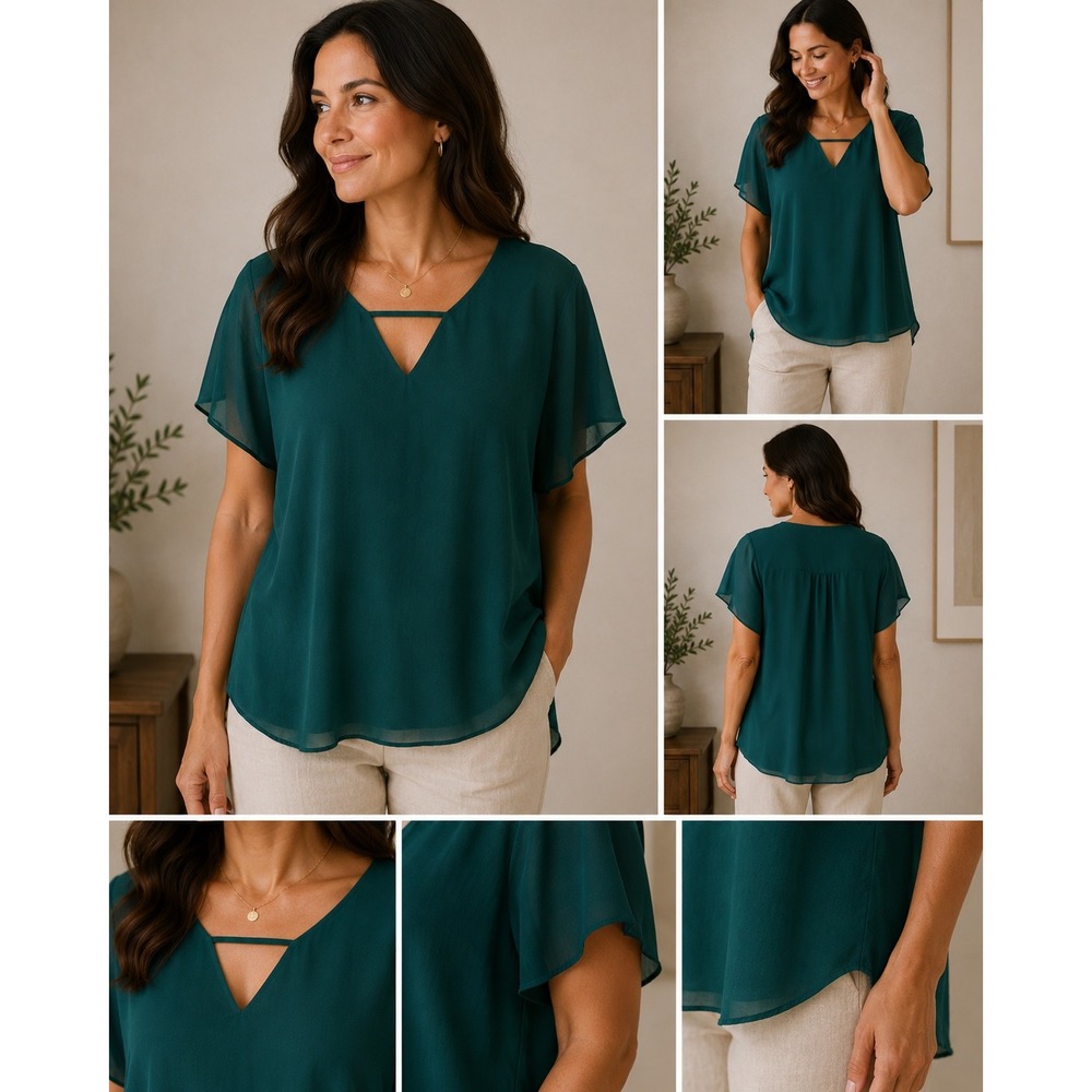 SHEIN Womens Dark Green Cutout V-Neck Flutter Sleeve Chiffon Blouse XL swblouse